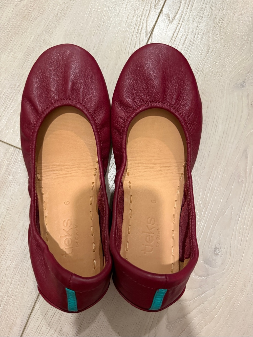 Tieks Burgundy Leather Ballet Flats with Teal Heel Tab